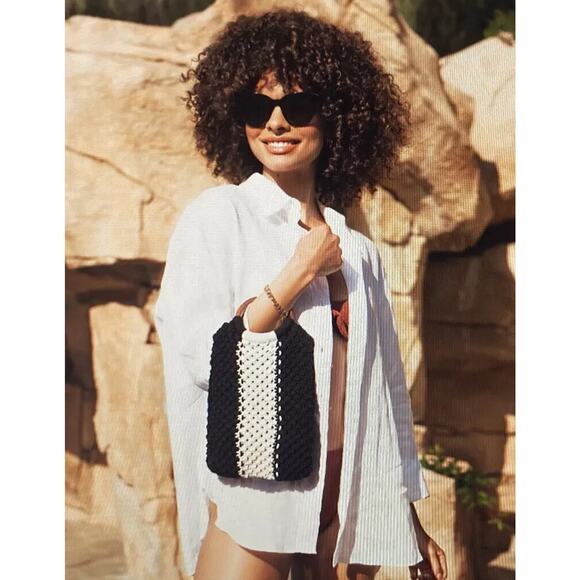 Laude The Label Purse Gabby Macrame Mini Bag Black Ivory Crochet Wood Handles - Picture 1 of 9